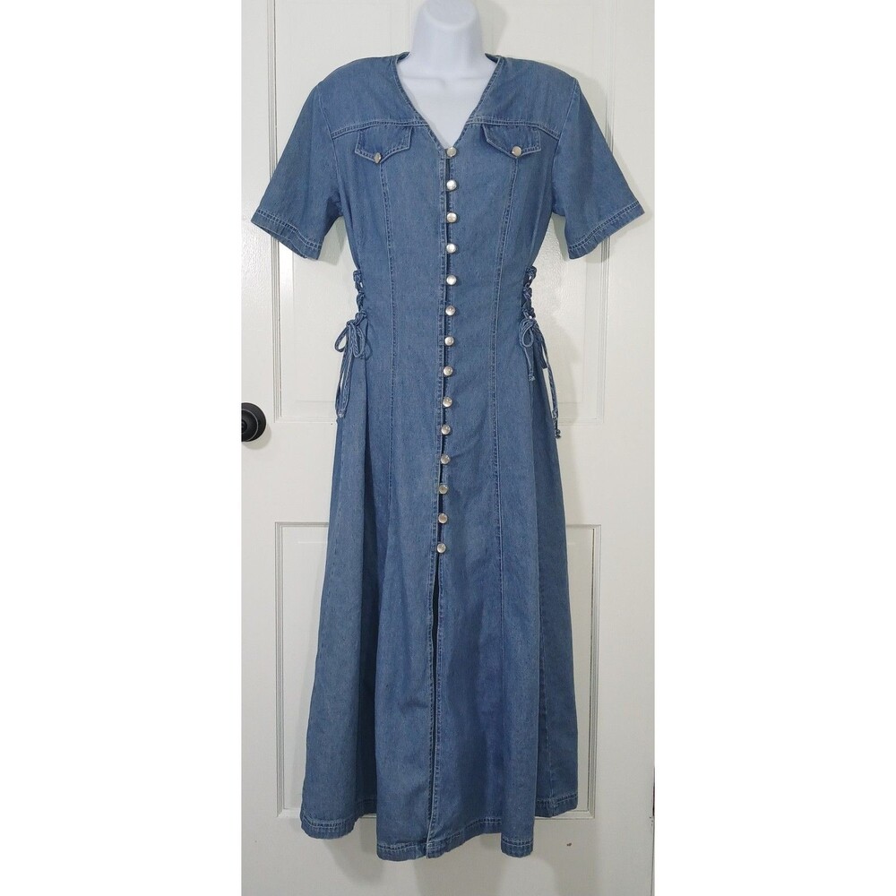 VTG DJ Int’l Denim Midi Dress Size 5/6 Lace Up Corset Sides Button Front 90s Y2K - Picture 3 of 16